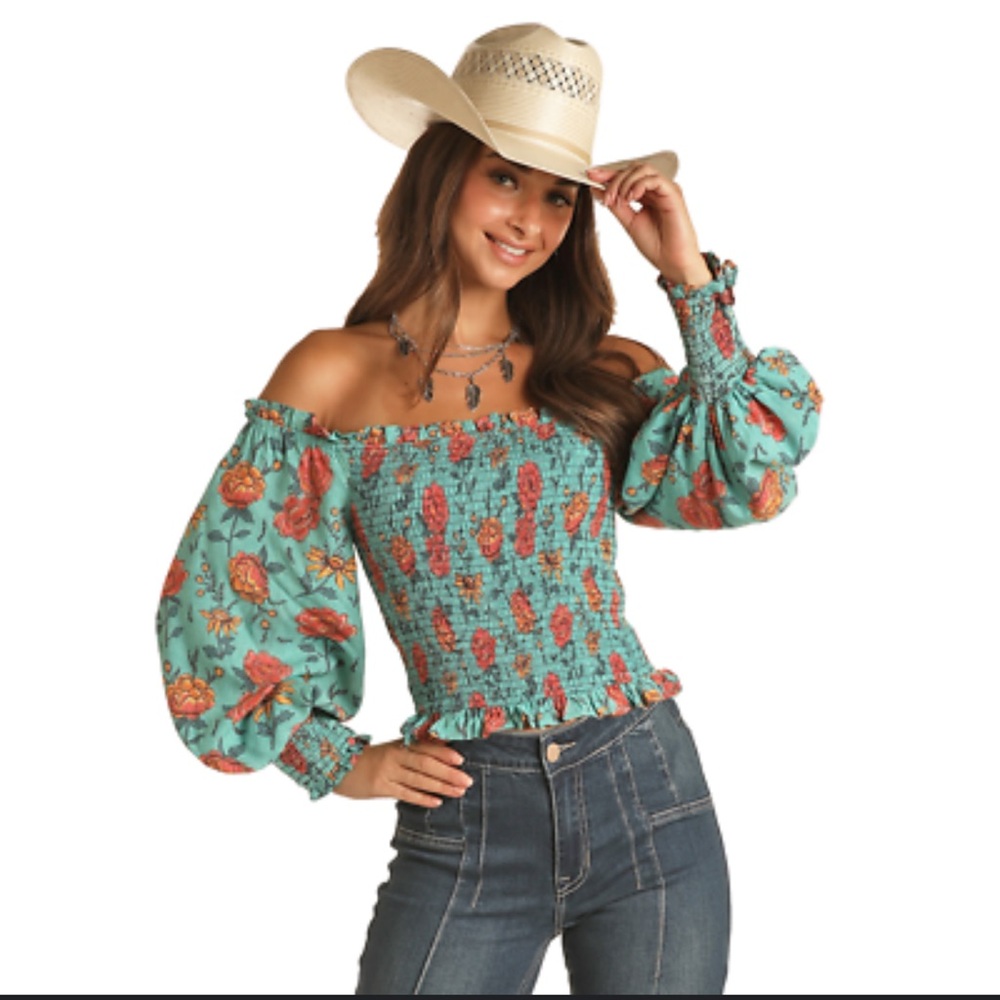Rock&Roll Denim. Floral Smocked Women's Top - Teal and Orange. Size M.